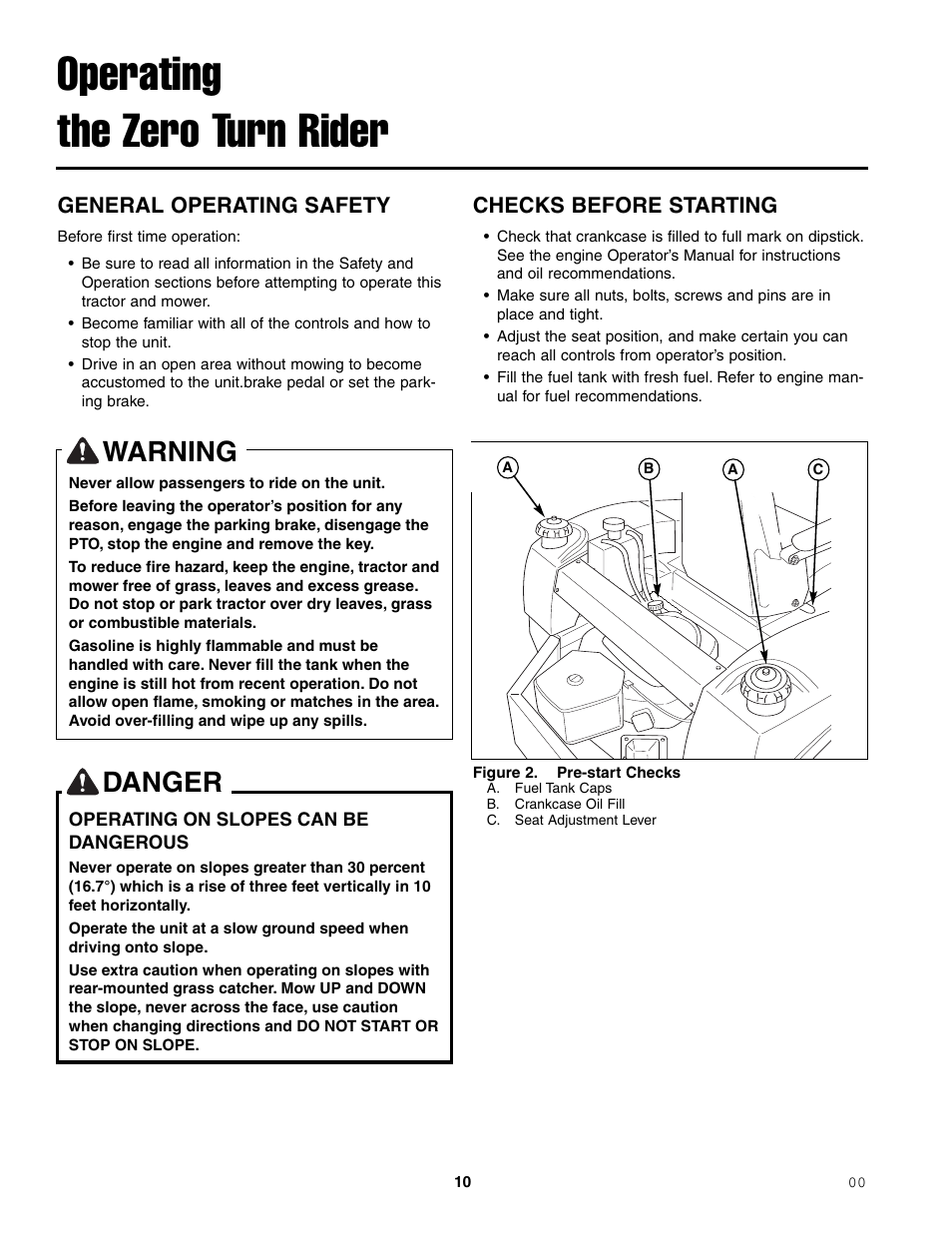 Operating the zero turn rider, Warning, Danger | General operating safety, Checks before starting | Simplicity ZT2148T User Manual | Page 14 / 42