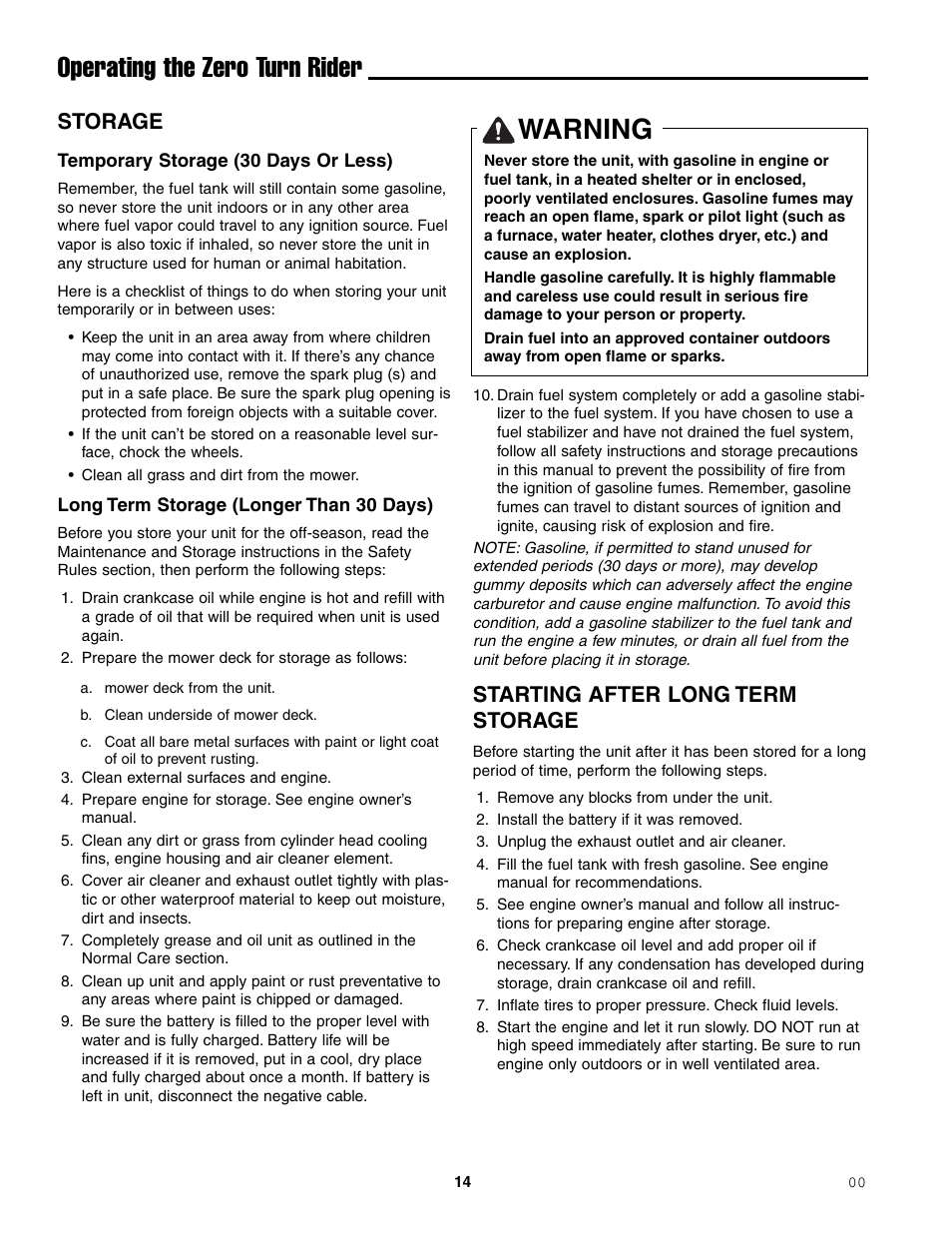 Operating the zero turn rider, Warning, Storage | Starting after long term storage | Simplicity ZT2148T User Manual | Page 18 / 42