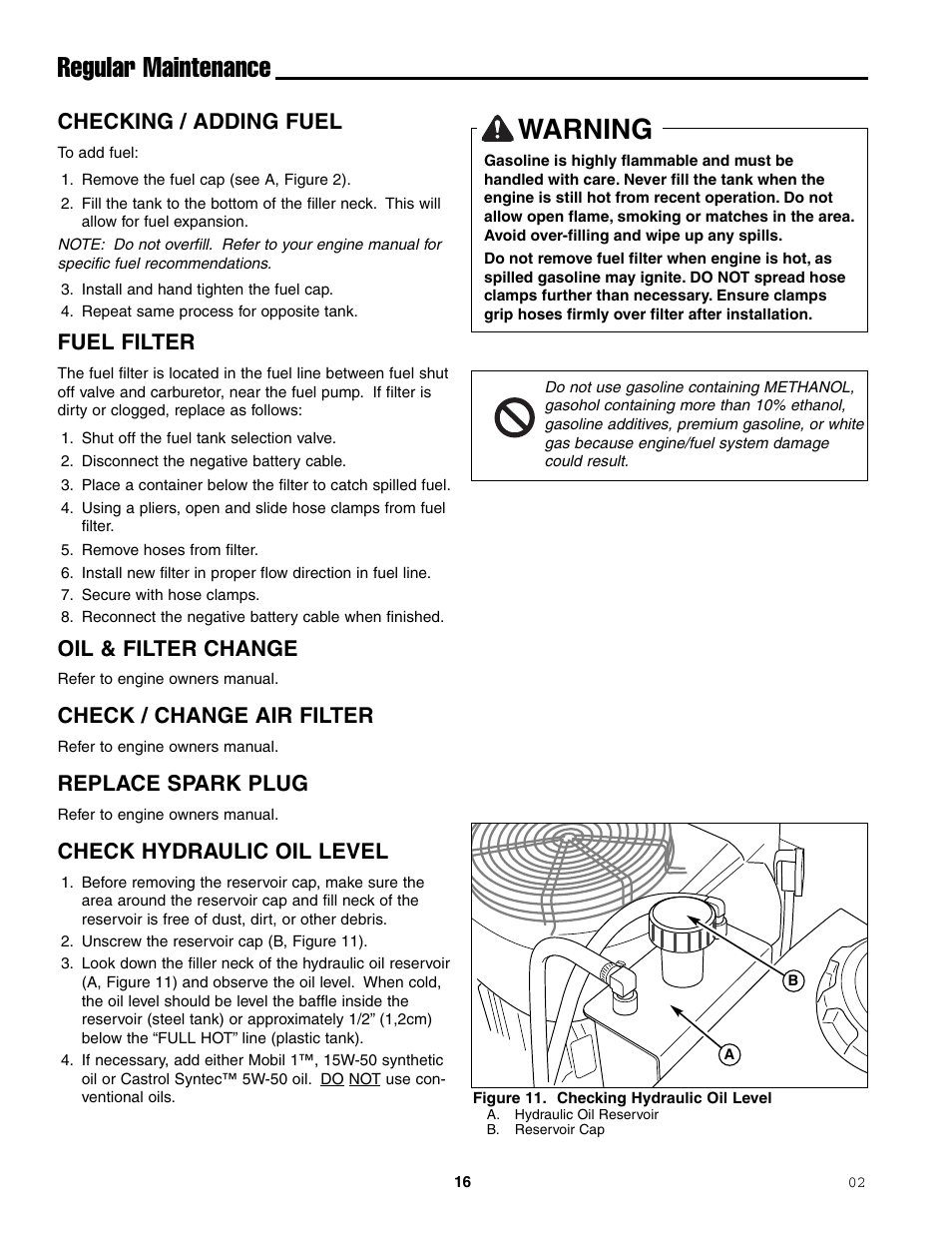 Warning, Regular maintenance, Checking / adding fuel | Fuel filter, Oil & filter change, Check / change air filter, Replace spark plug, Check hydraulic oil level | Simplicity ZT2148T User Manual | Page 20 / 42