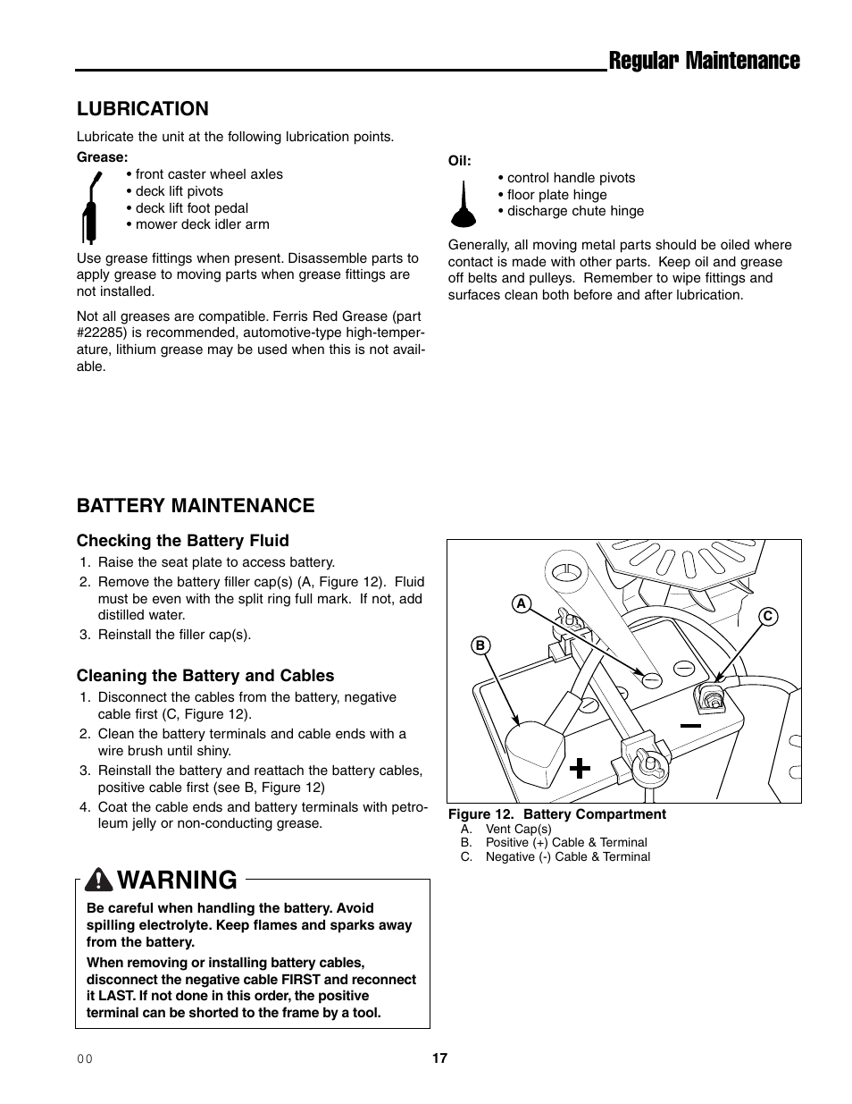 Regular maintenance, Warning, Lubrication | Battery maintenance | Simplicity ZT2148T User Manual | Page 21 / 42