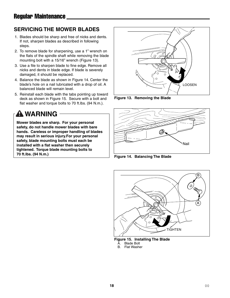 Regular maintenance, Warning, Servicing the mower blades | Simplicity ZT2148T User Manual | Page 22 / 42