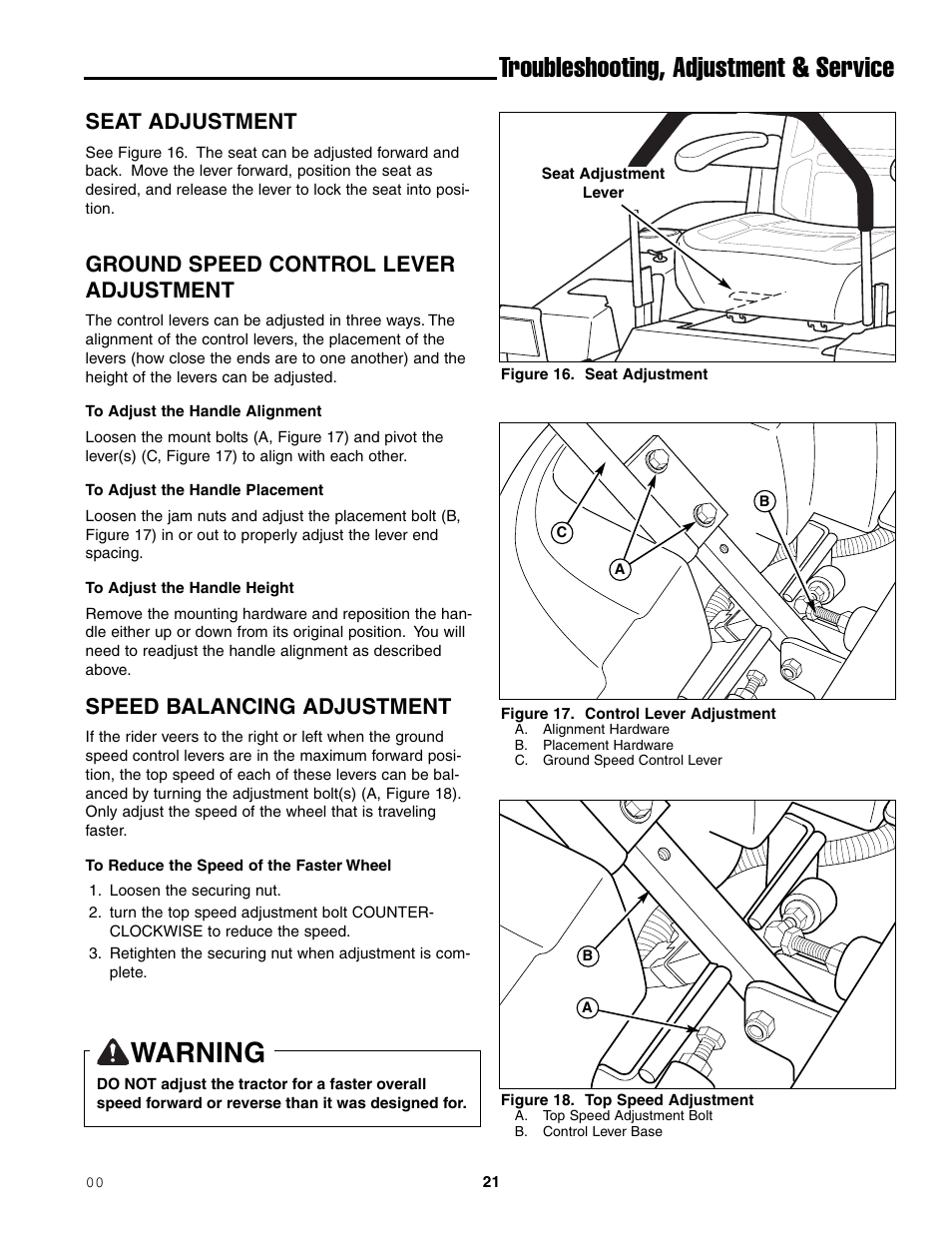 Troubleshooting, adjustment & service, Warning, Seat adjustment | Ground speed control lever adjustment, Speed balancing adjustment | Simplicity ZT2148T User Manual | Page 25 / 42