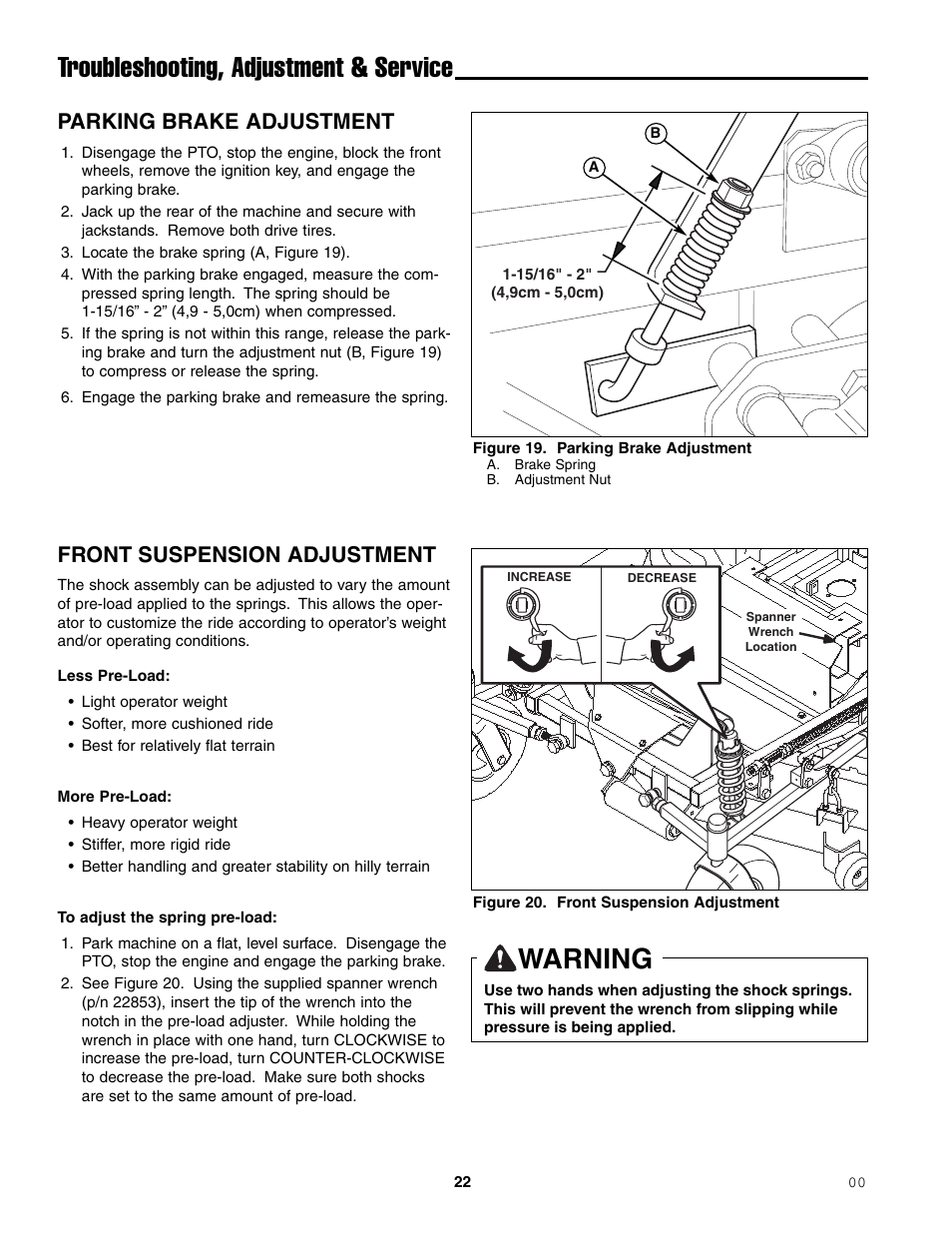 Troubleshooting, adjustment & service, Warning, Parking brake adjustment | Front suspension adjustment | Simplicity ZT2148T User Manual | Page 26 / 42