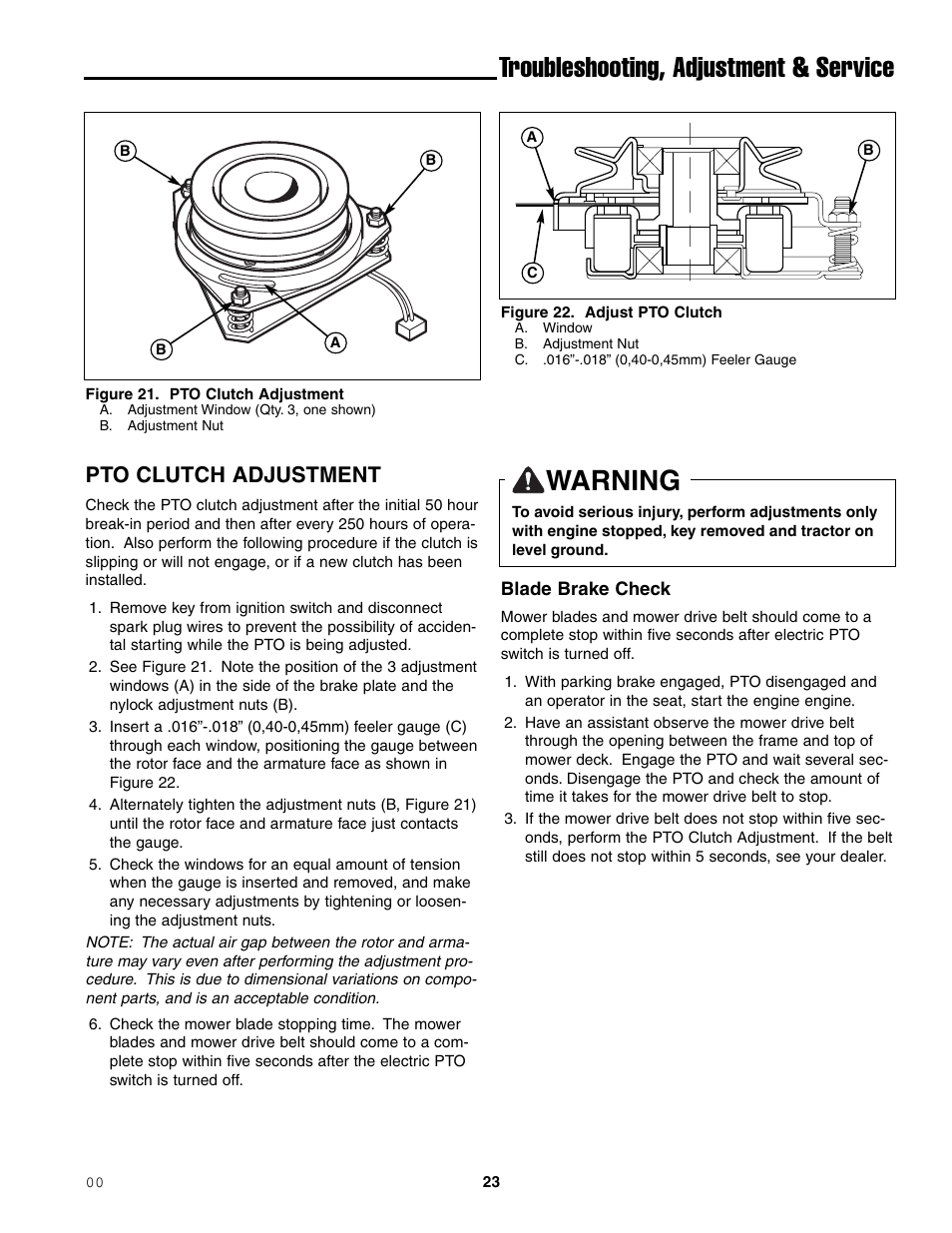 Troubleshooting, adjustment & service, Warning, Pto clutch adjustment | Simplicity ZT2148T User Manual | Page 27 / 42