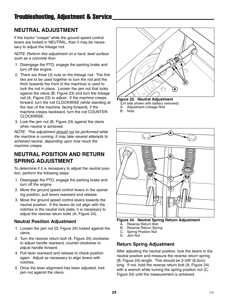Troubleshooting, adjustment & service, Neutral adjustment, Neutral position and return spring adjustment | Simplicity ZT2148T User Manual | Page 28 / 42