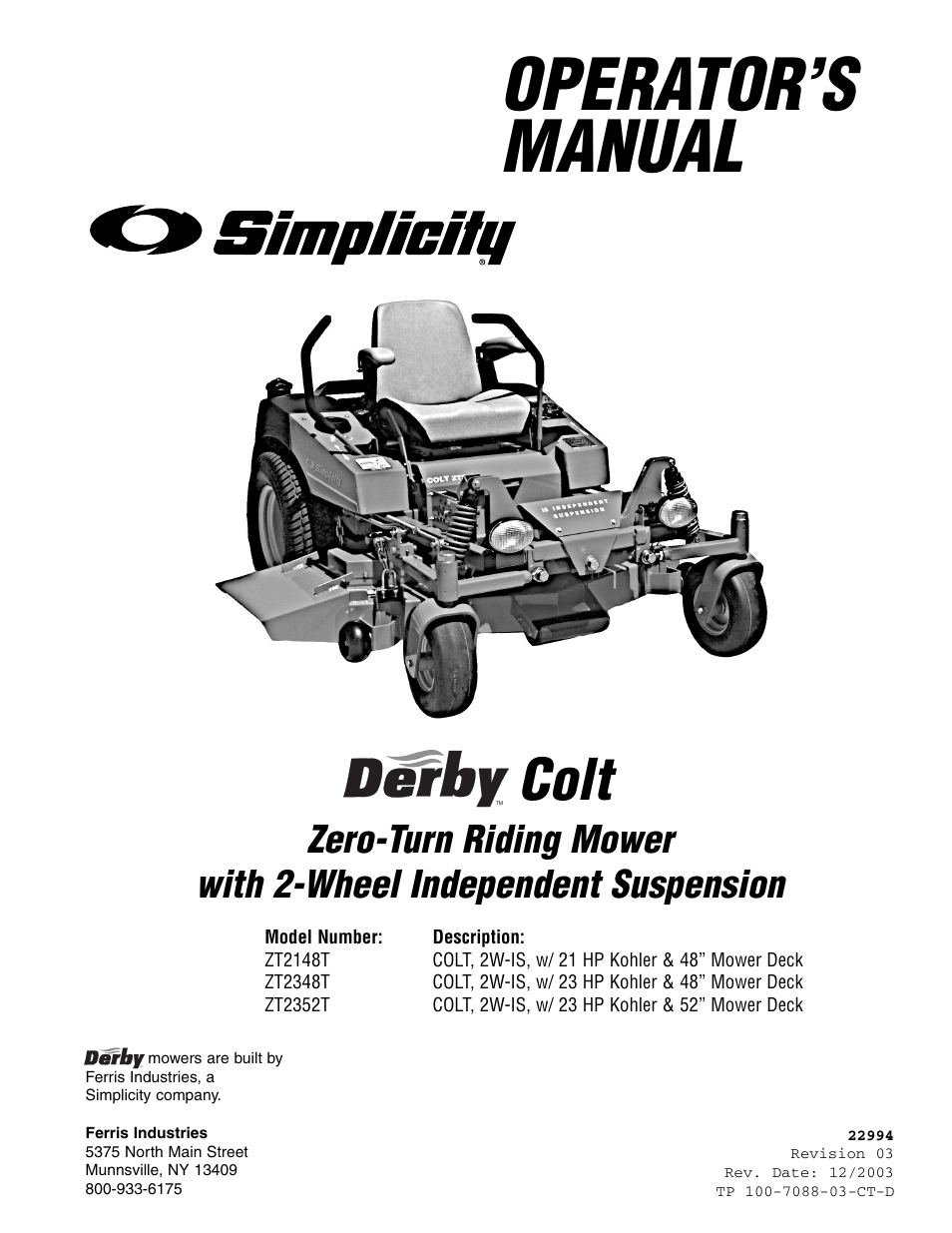 Operator’s manual, Colt | Simplicity ZT2148T User Manual | Page 3 / 42