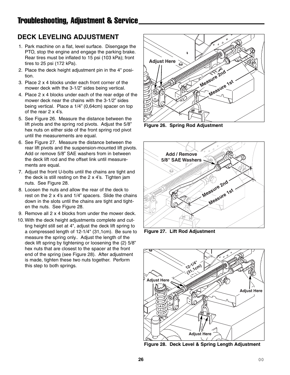 Troubleshooting, adjustment & service, Deck leveling adjustment | Simplicity ZT2148T User Manual | Page 30 / 42