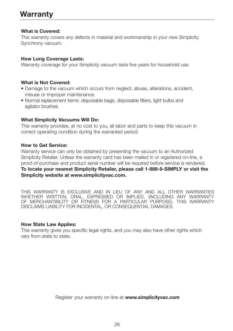 Warranty | Simplicity SCRS SCRD SCRP User Manual | Page 28 / 32