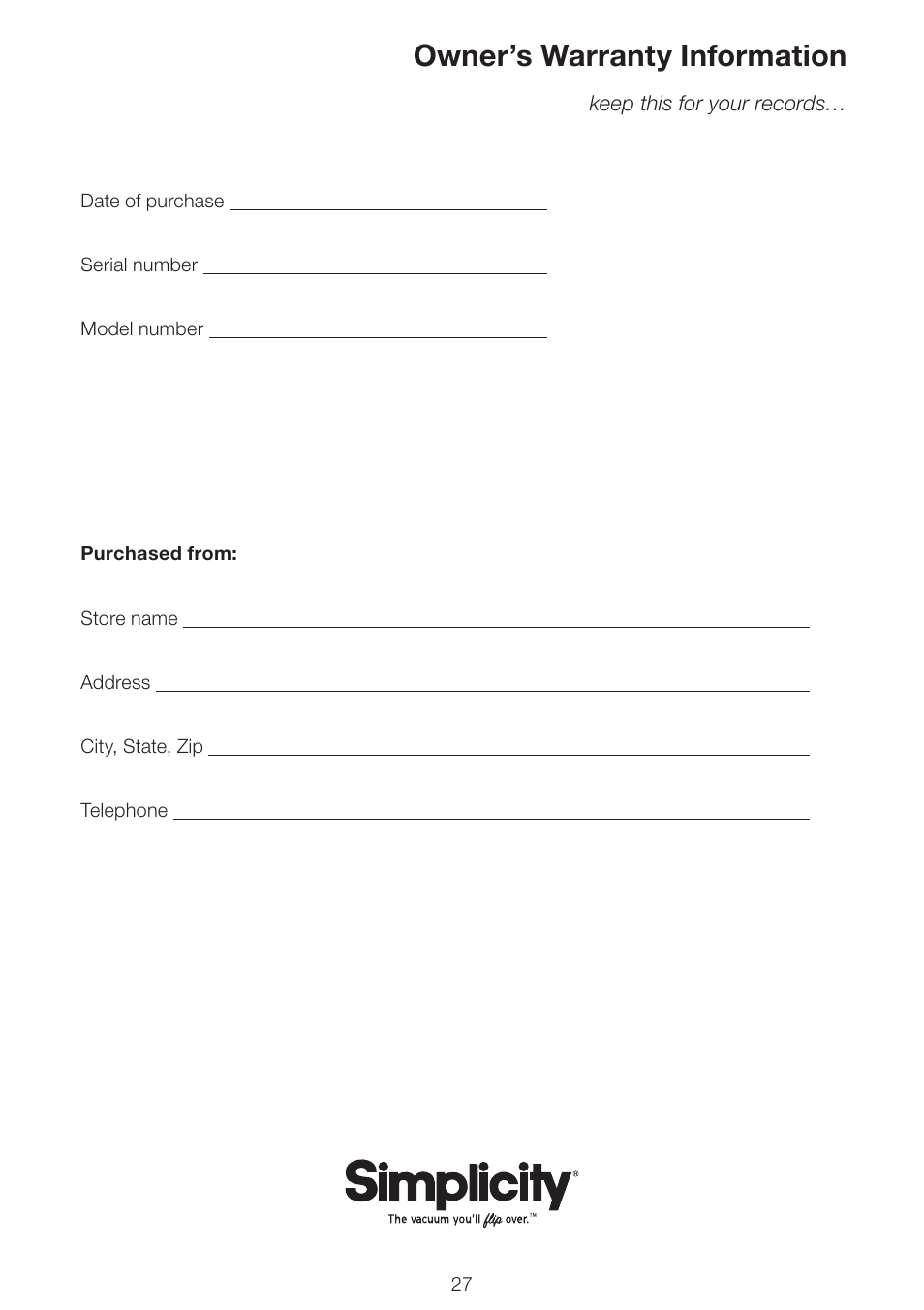 Owner’s warranty information | Simplicity SCRS SCRD SCRP User Manual | Page 29 / 32