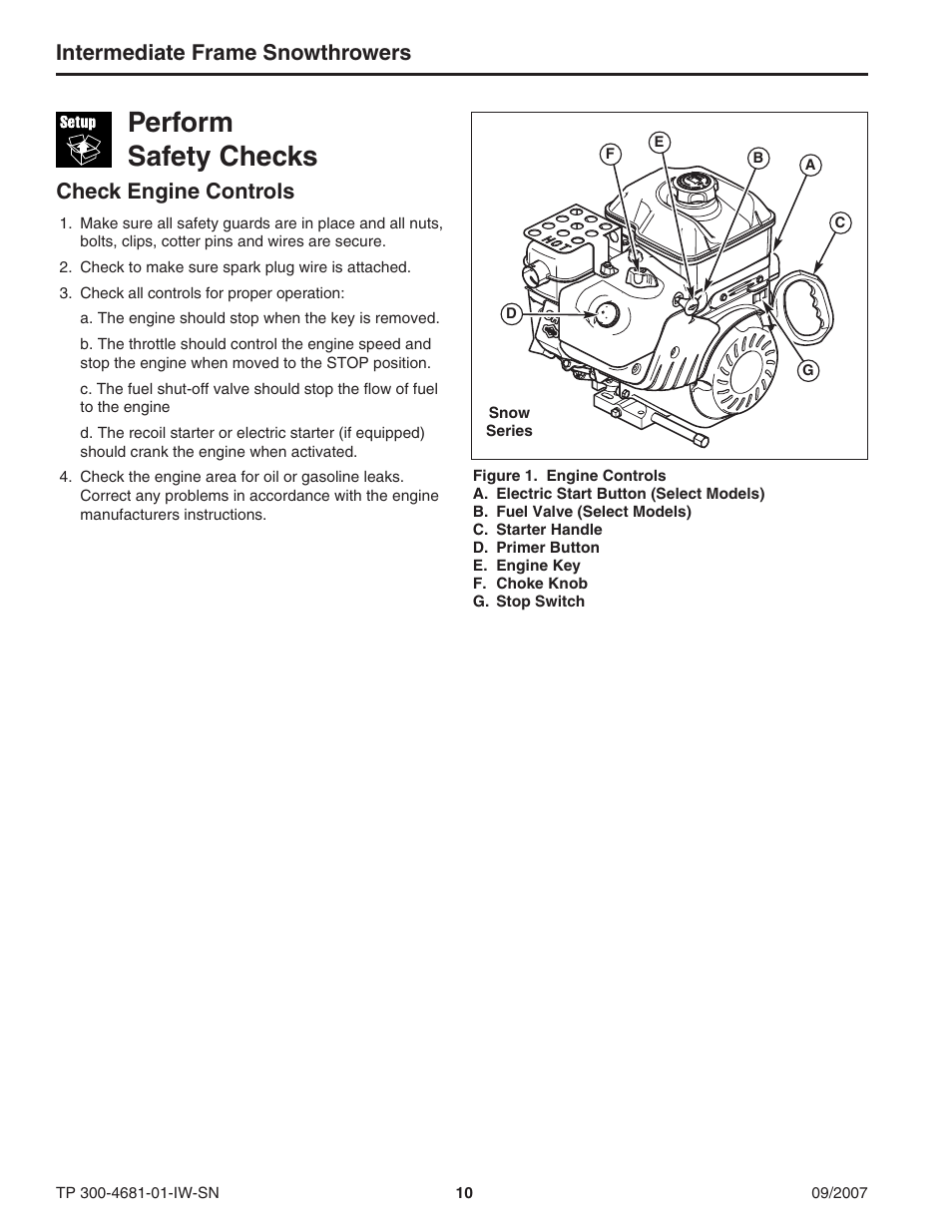 Perform safety checks, Intermediate frame snowthrowers, Check engine controls | Simplicity SMI I1924E User Manual | Page 10 / 18