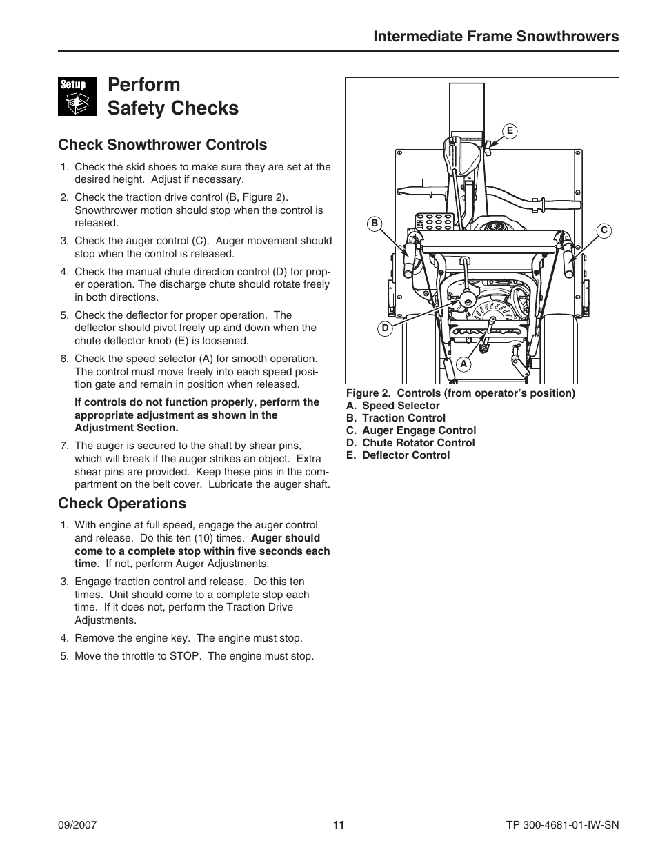 Perform safety checks, Intermediate frame snowthrowers, Check snowthrower controls | Check operations | Simplicity SMI I1924E User Manual | Page 11 / 18