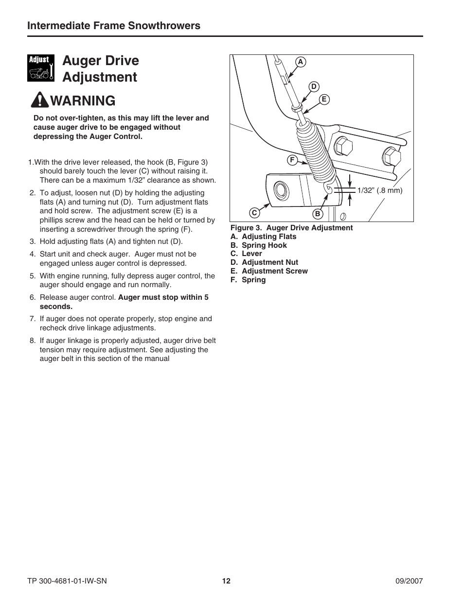 Warning, Auger drive adjustment, Intermediate frame snowthrowers | Simplicity SMI I1924E User Manual | Page 12 / 18