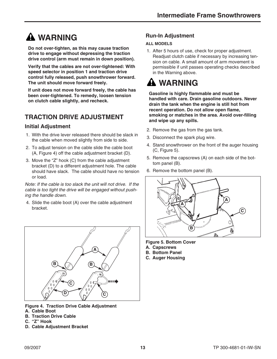 Warning, Intermediate frame snowthrowers, Traction drive adjustment | Simplicity SMI I1924E User Manual | Page 13 / 18