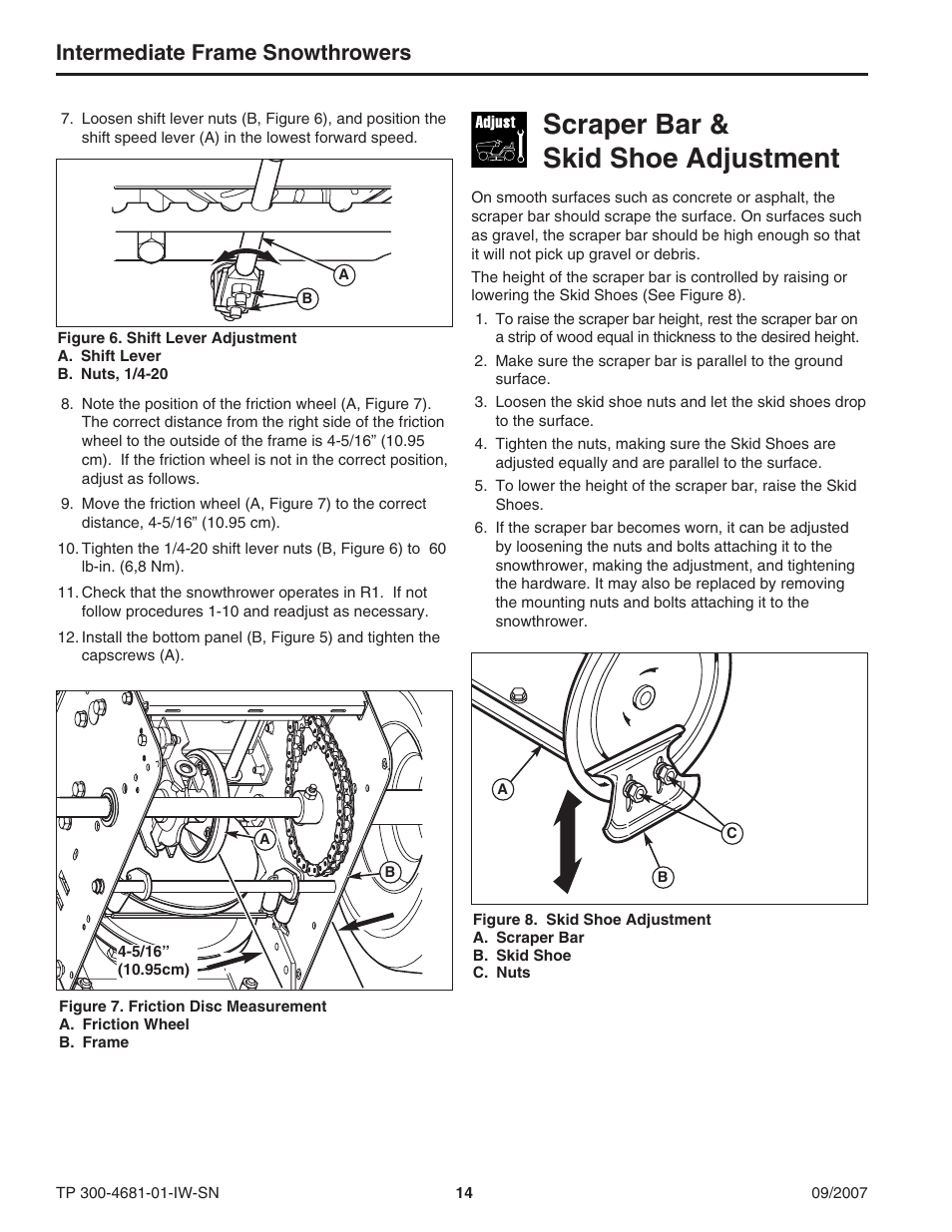 Scraper bar & skid shoe adjustment, Intermediate frame snowthrowers | Simplicity SMI I1924E User Manual | Page 14 / 18