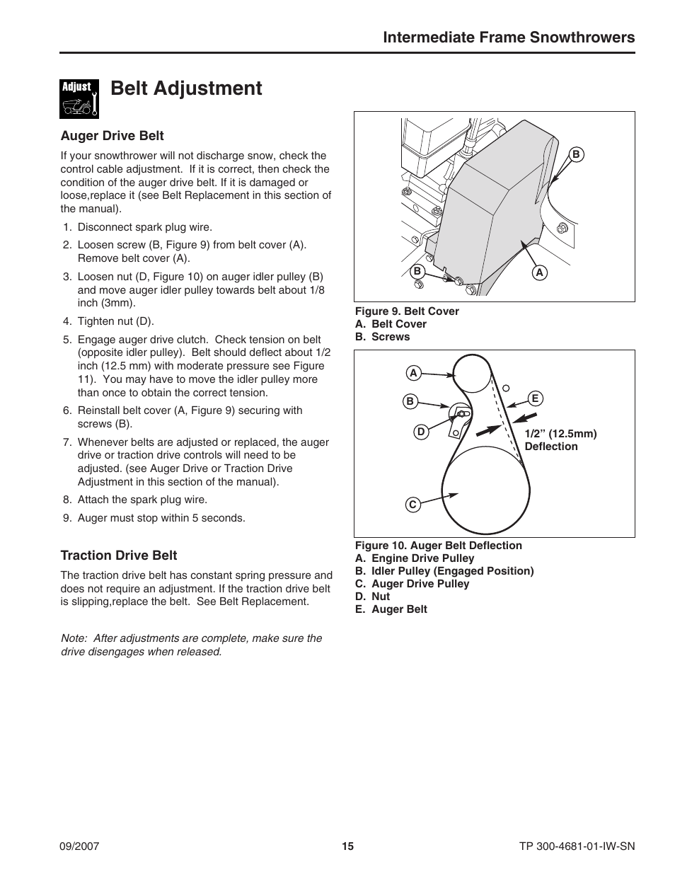 Belt adjustment, Intermediate frame snowthrowers | Simplicity SMI I1924E User Manual | Page 15 / 18