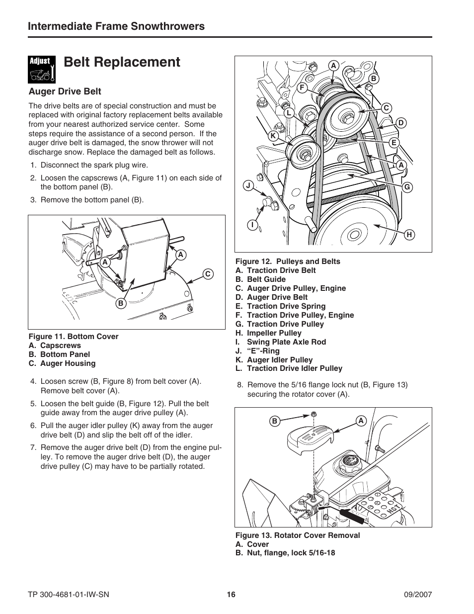 Belt replacement, Intermediate frame snowthrowers | Simplicity SMI I1924E User Manual | Page 16 / 18