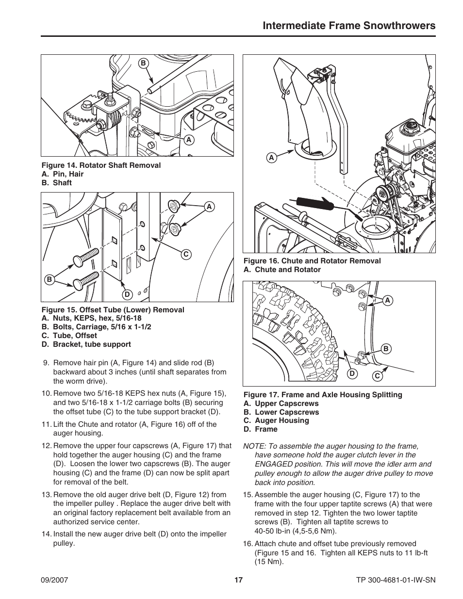 Intermediate frame snowthrowers | Simplicity SMI I1924E User Manual | Page 17 / 18