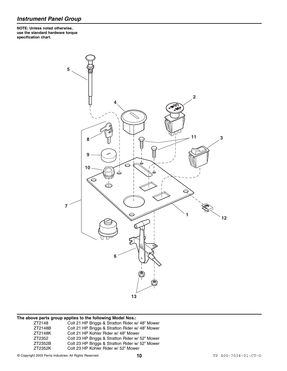 Instrument panel group | Simplicity ZT2148B User Manual | Page 16 / 63