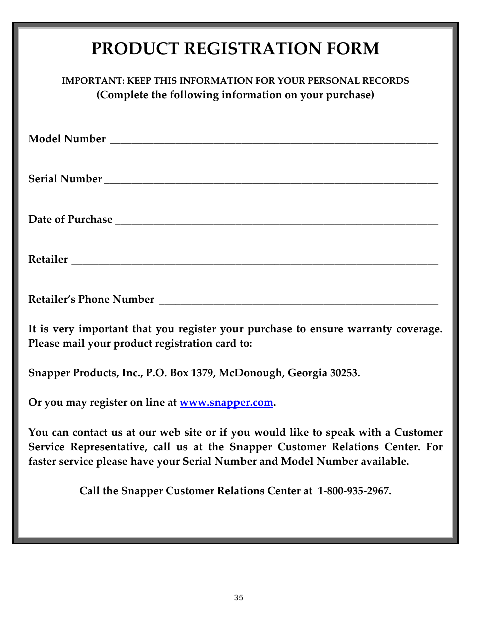 Product registration form | Simplicity UVGT1621BV User Manual | Page 35 / 36