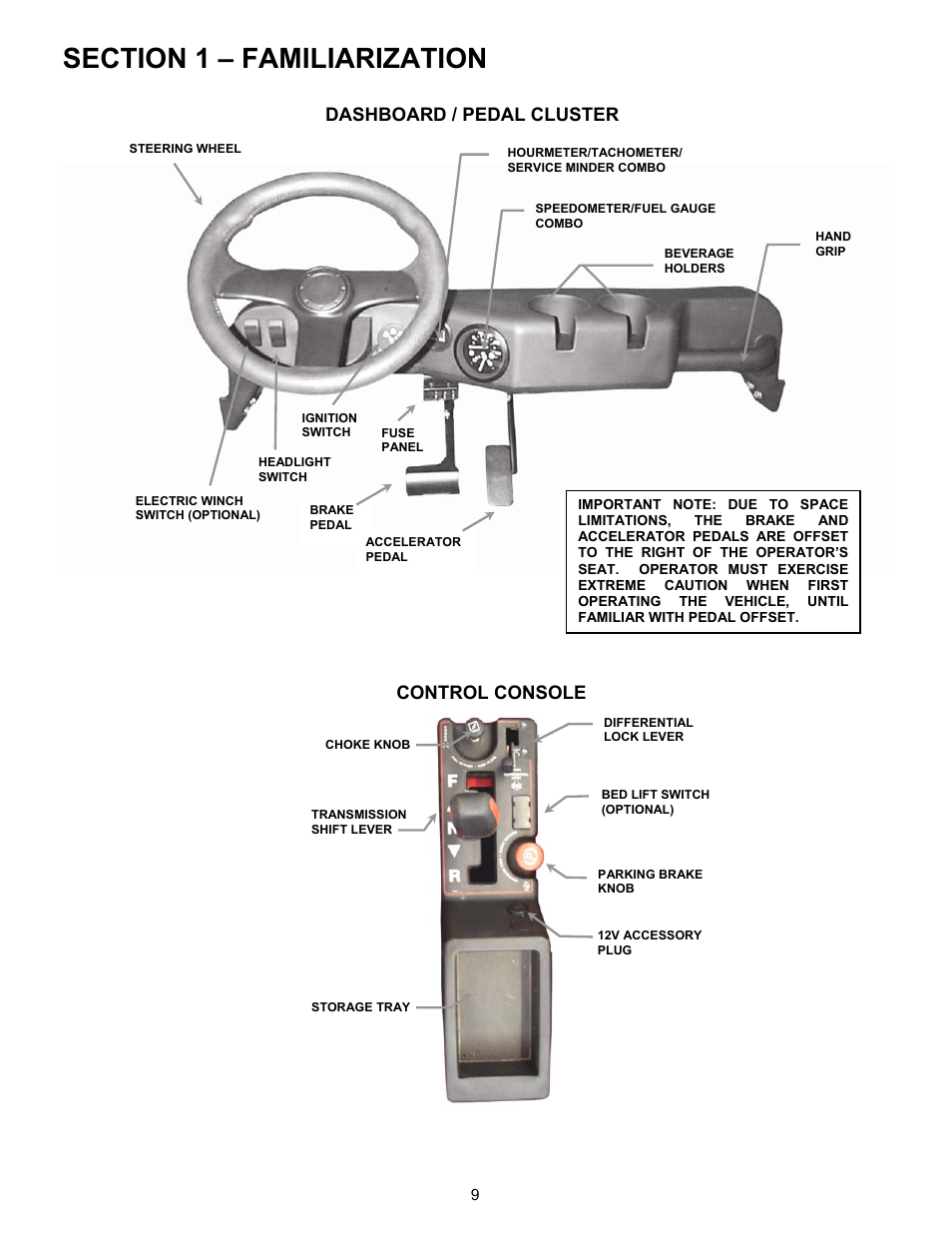 Dashboard / pedal cluster, Control console | Simplicity UVGT1621BV User Manual | Page 9 / 36