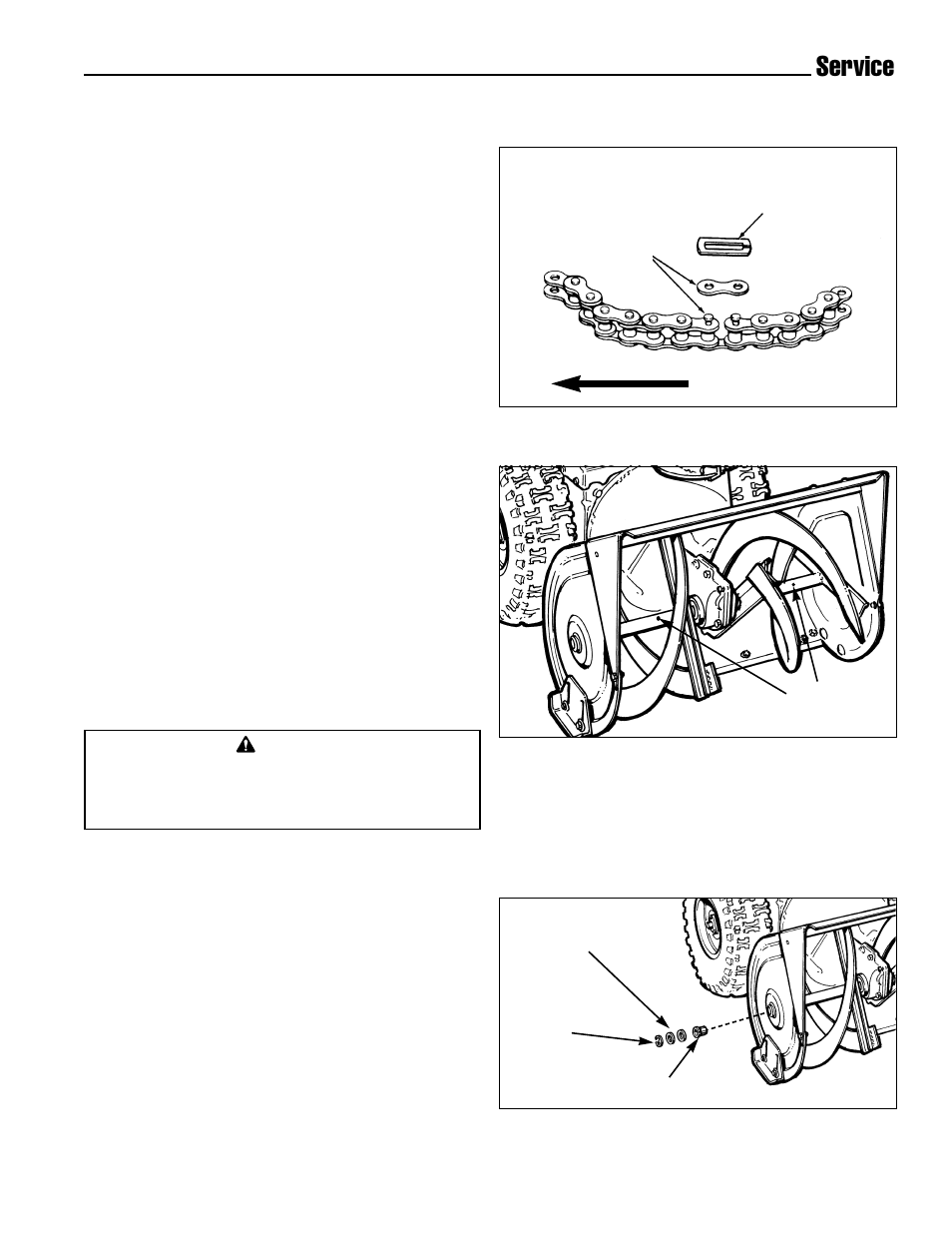 Service, Auger shaft bearing replacement, Shear pin replacement | Roller chain replacement | Simplicity 1693426 755E User Manual | Page 25 / 28