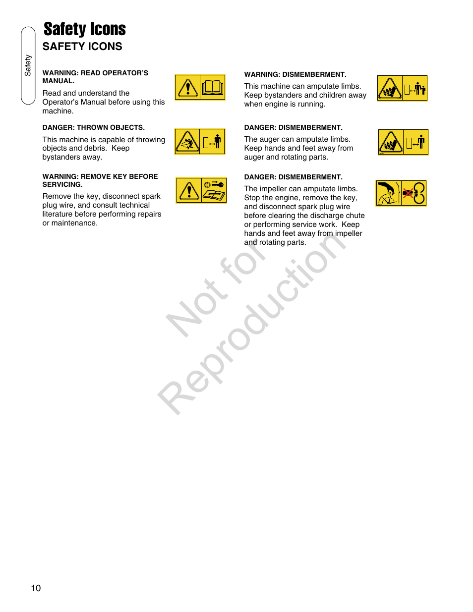 Not for reproduction, Safety icons | Simplicity SMI I924E User Manual | Page 10 / 38