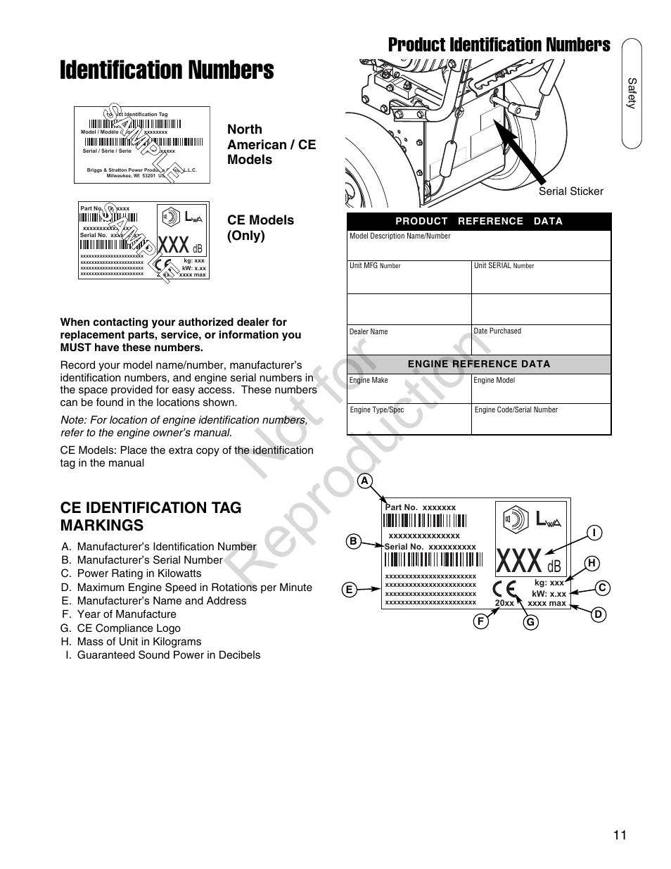 Not for reproduction, Identification numbers, Product identification numbers | Simplicity SMI I924E User Manual | Page 11 / 38