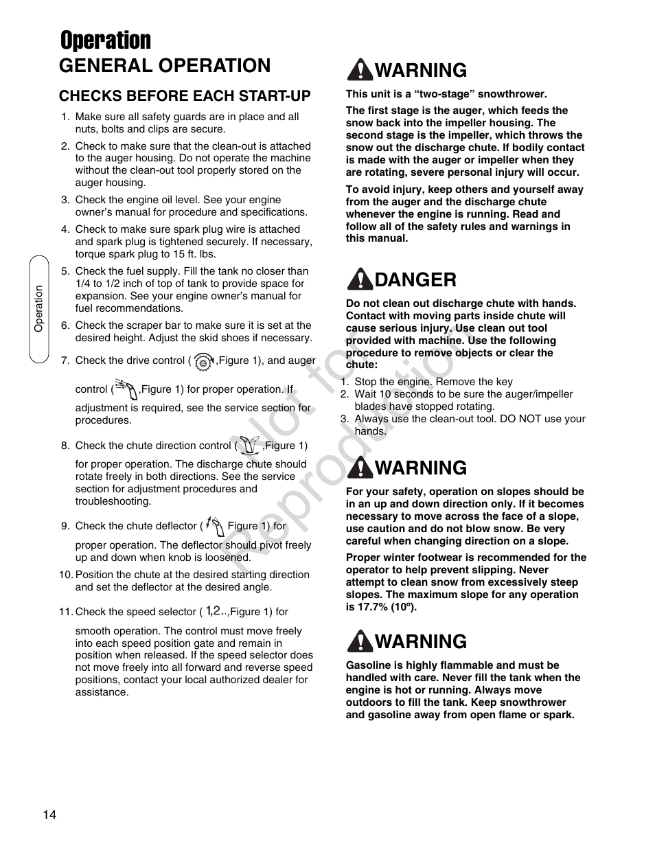 Not for reproduction, Operation, General operation | Warning, Danger | Simplicity SMI I924E User Manual | Page 14 / 38