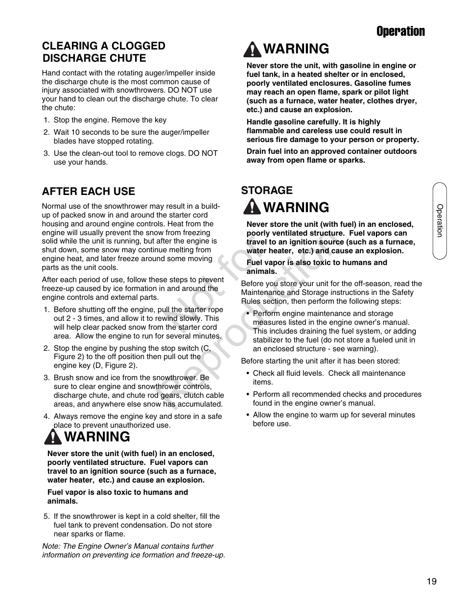 Not for reproduction, Warning, Operation | Simplicity SMI I924E User Manual | Page 19 / 38
