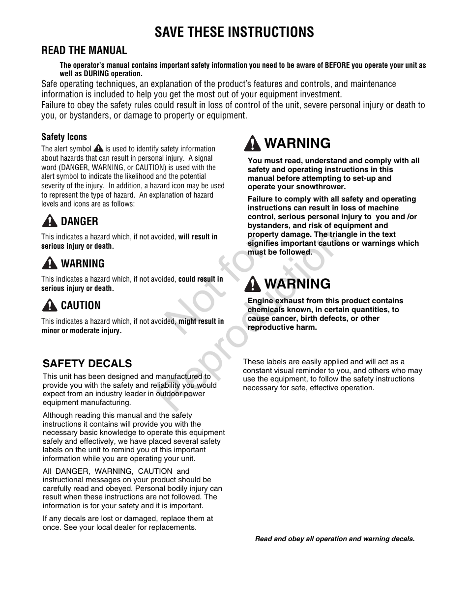 Not for reproduction, Save these instructions, Warning | Simplicity SMI I924E User Manual | Page 2 / 38