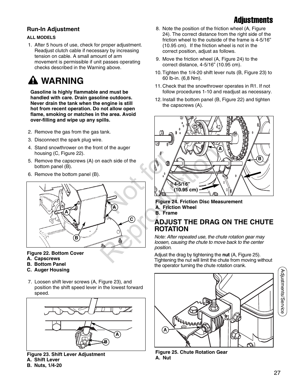 Not for reproduction, Warning, Adjustments | Simplicity SMI I924E User Manual | Page 27 / 38