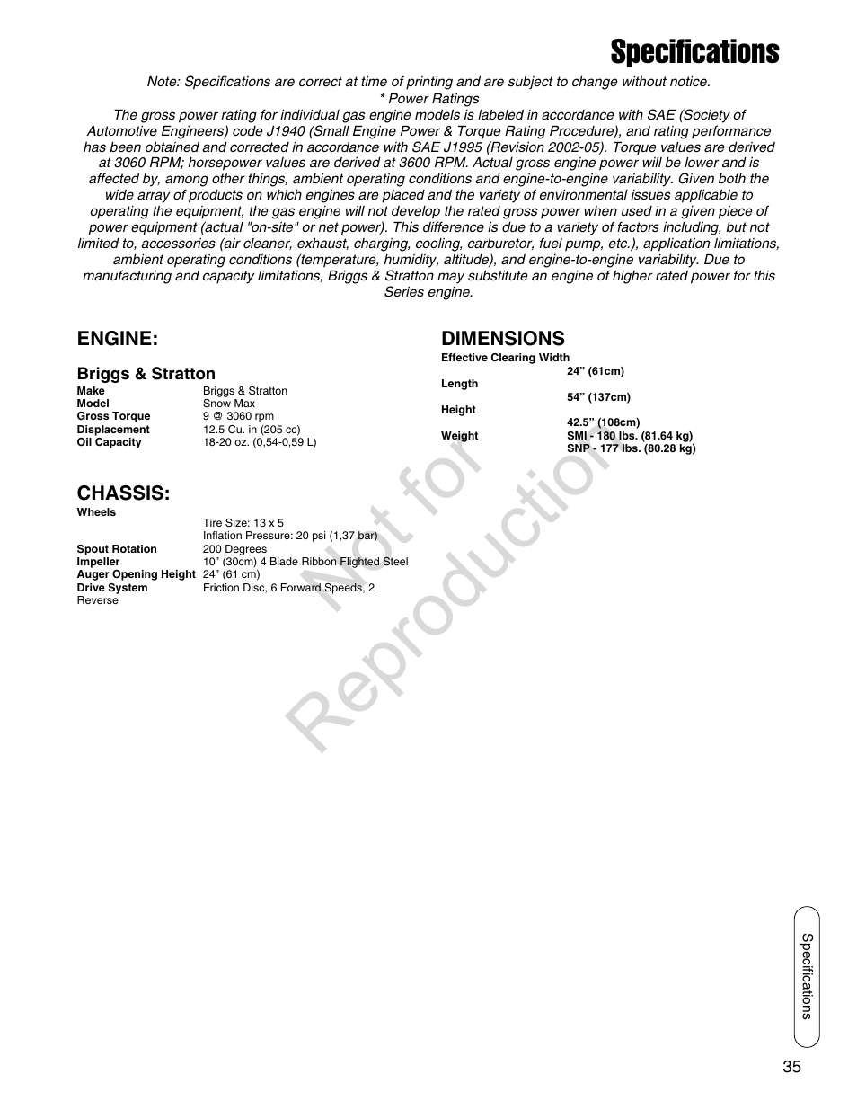Not for reproduction, Specifications | Simplicity SMI I924E User Manual | Page 35 / 38