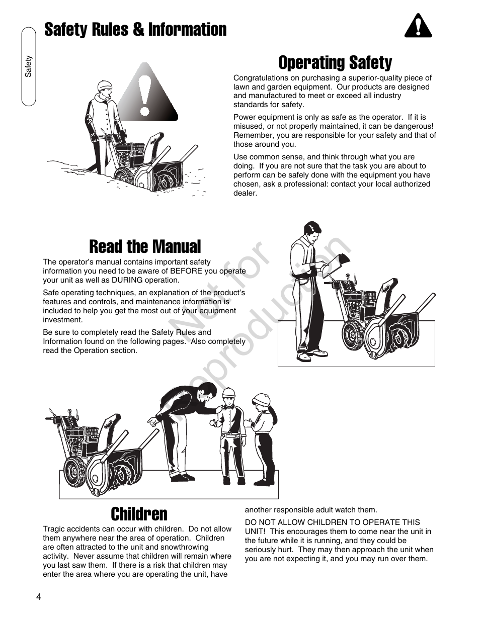 Not for reproduction, Safety rules & information operating safety, Read the manual | Children | Simplicity SMI I924E User Manual | Page 4 / 38