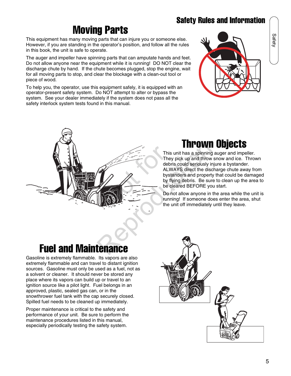 Not for reproduction, Moving parts, Thrown objects | Fuel and maintenance | Simplicity SMI I924E User Manual | Page 5 / 38