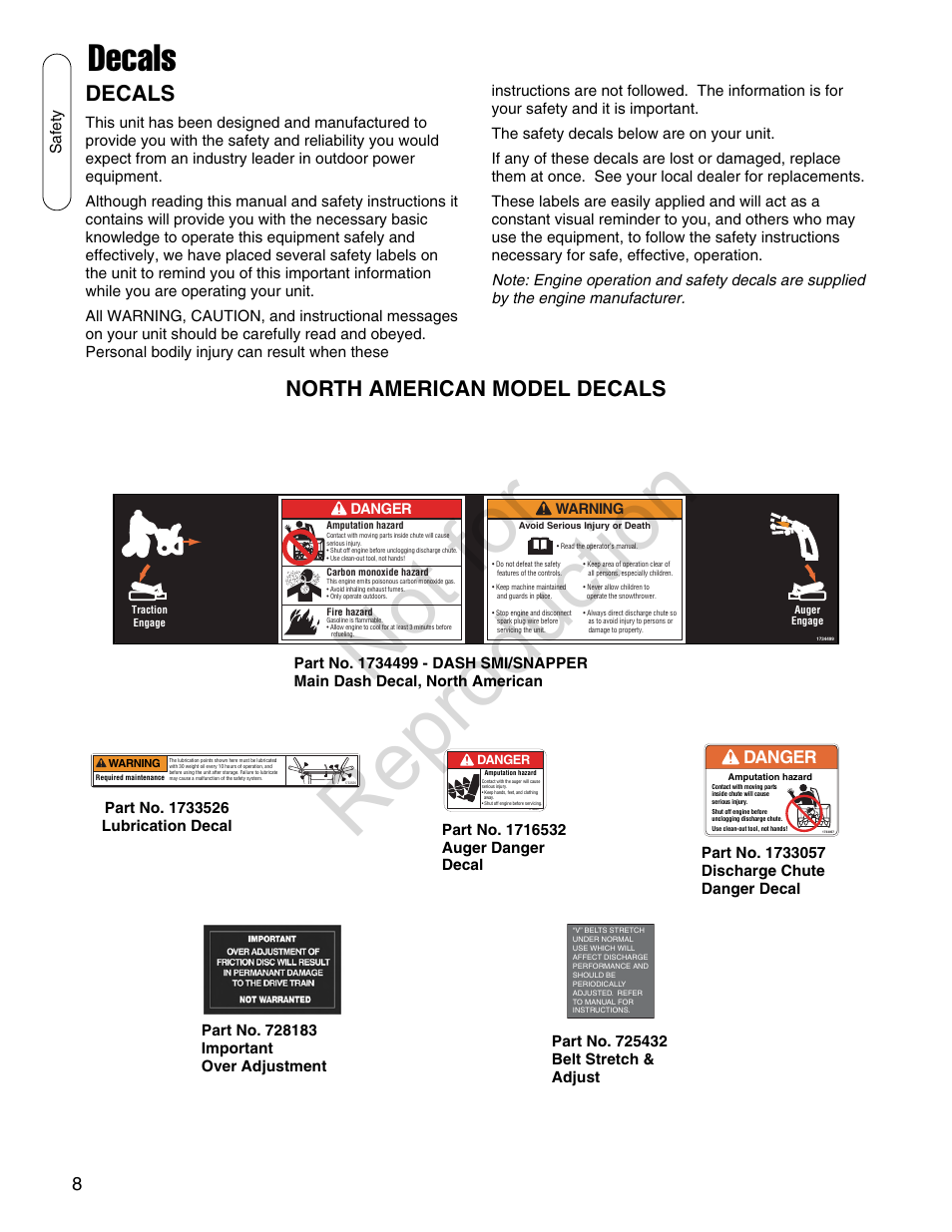 Not for reproduction, Decals, North american model decals | Safety, Danger, Warning | Simplicity SMI I924E User Manual | Page 8 / 38