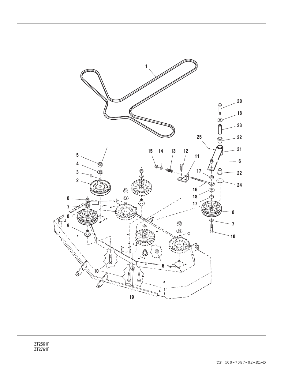 61” mower deck - belt, pulleys & idler arm | Simplicity ZT2761F User Manual | Page 70 / 75
