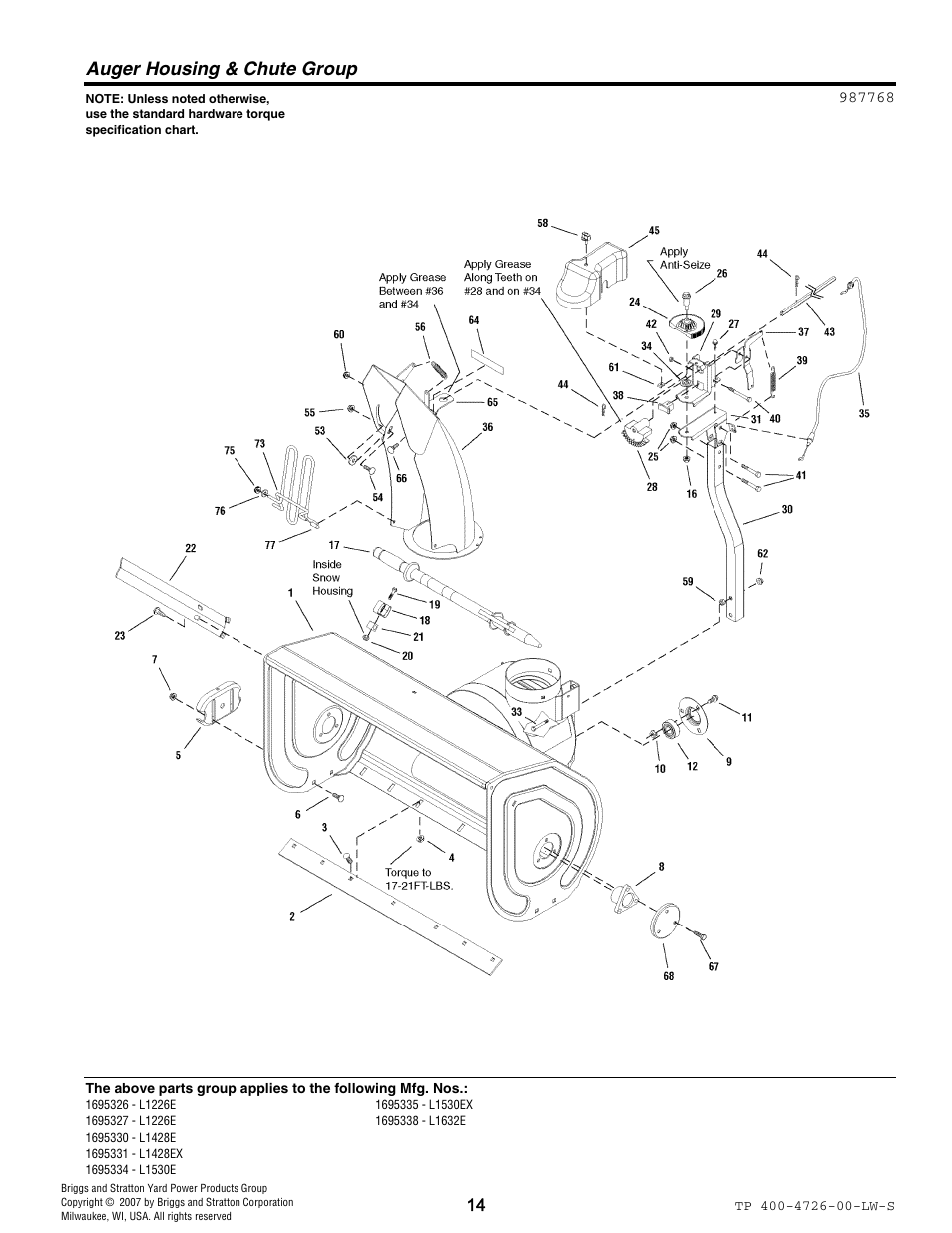 Auger housing & chute group | Simplicity 1696338 User Manual | Page 14 / 30
