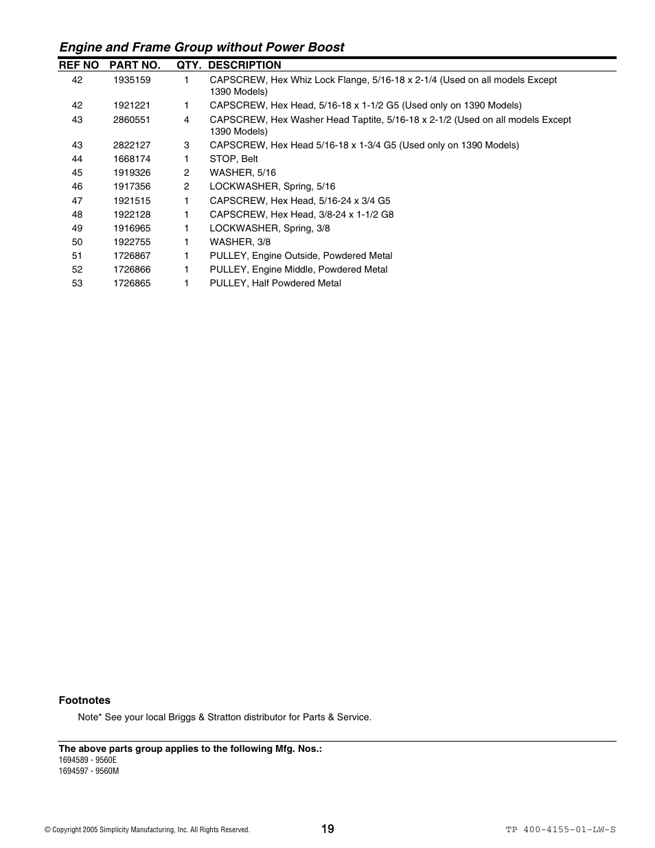 Engine and frame group without power boost | Simplicity 1060M User Manual | Page 19 / 42