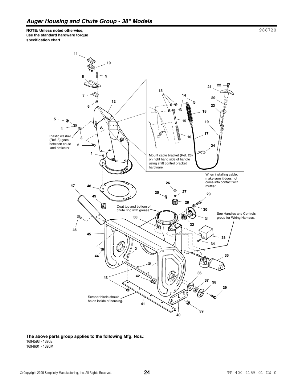 Auger housing and chute group - 38" models | Simplicity 1060M User Manual | Page 24 / 42
