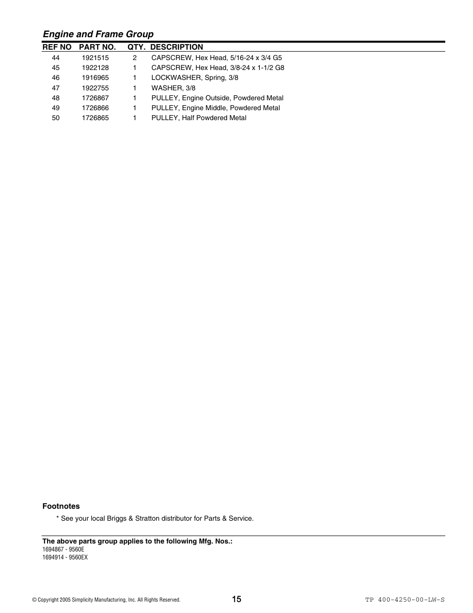 Engine and frame group | Simplicity 1694914 User Manual | Page 15 / 44