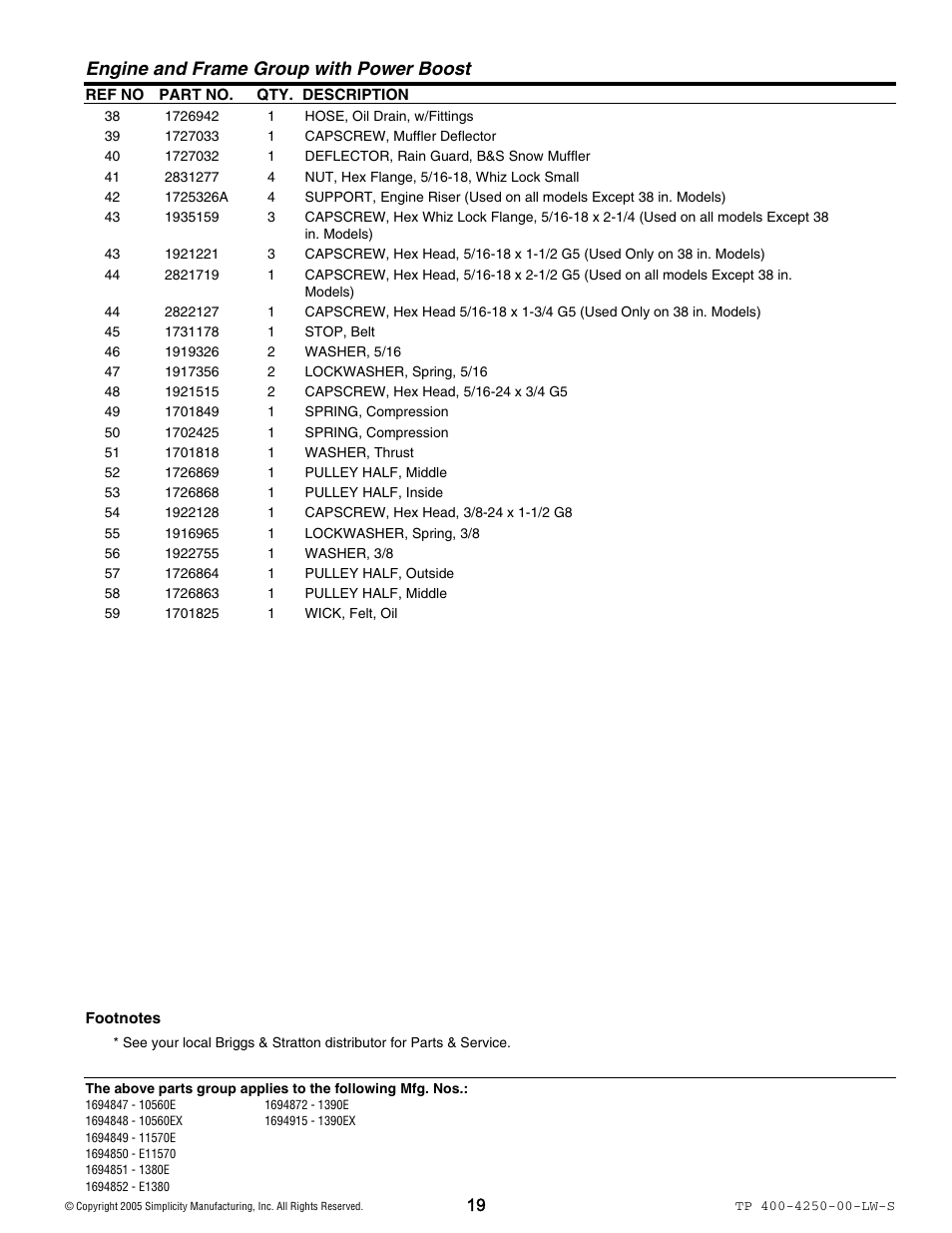 Engine and frame group with power boost | Simplicity 1694914 User Manual | Page 19 / 44