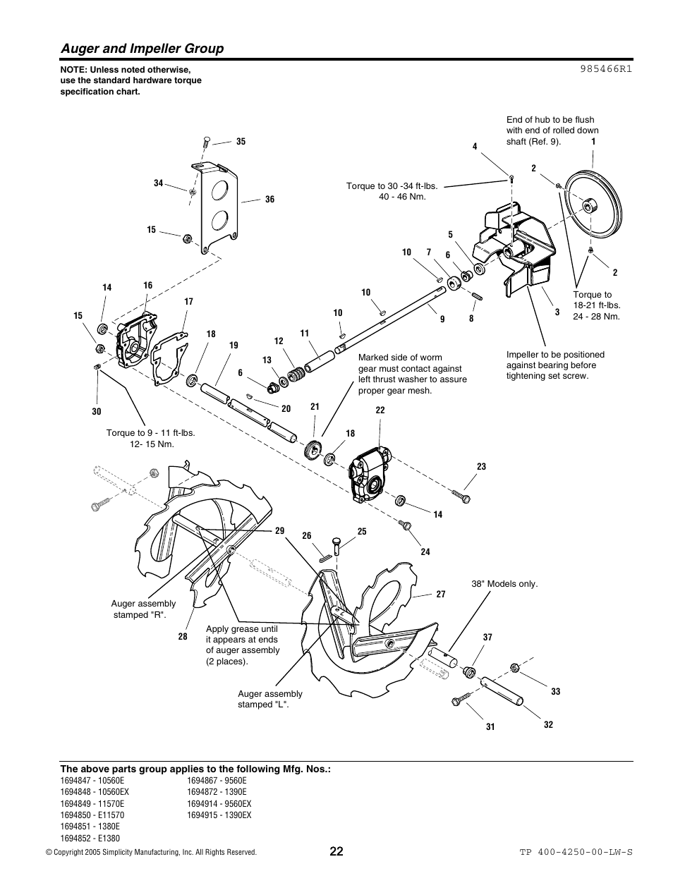 Auger and impeller group | Simplicity 1694914 User Manual | Page 22 / 44