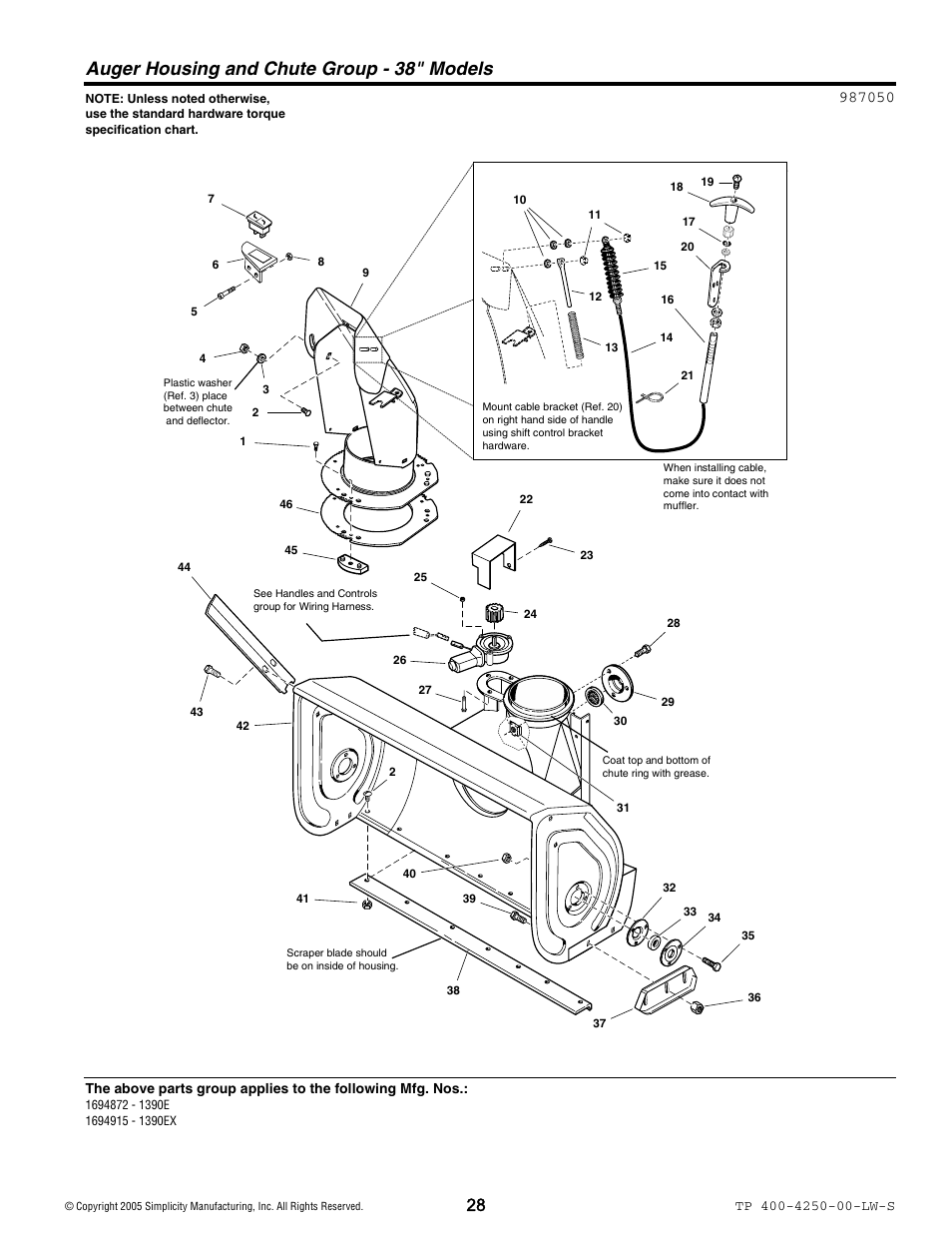 Auger housing and chute group - 38" models | Simplicity 1694914 User Manual | Page 28 / 44