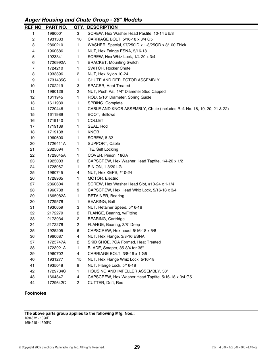 Auger housing and chute group - 38" models | Simplicity 1694914 User Manual | Page 29 / 44
