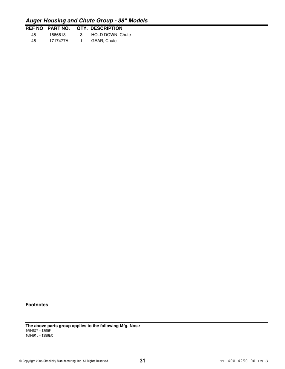 Auger housing and chute group - 38" models | Simplicity 1694914 User Manual | Page 31 / 44