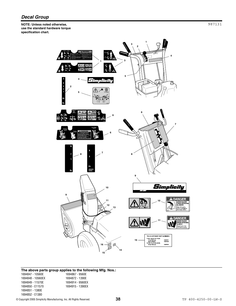 Decal group | Simplicity 1694914 User Manual | Page 38 / 44