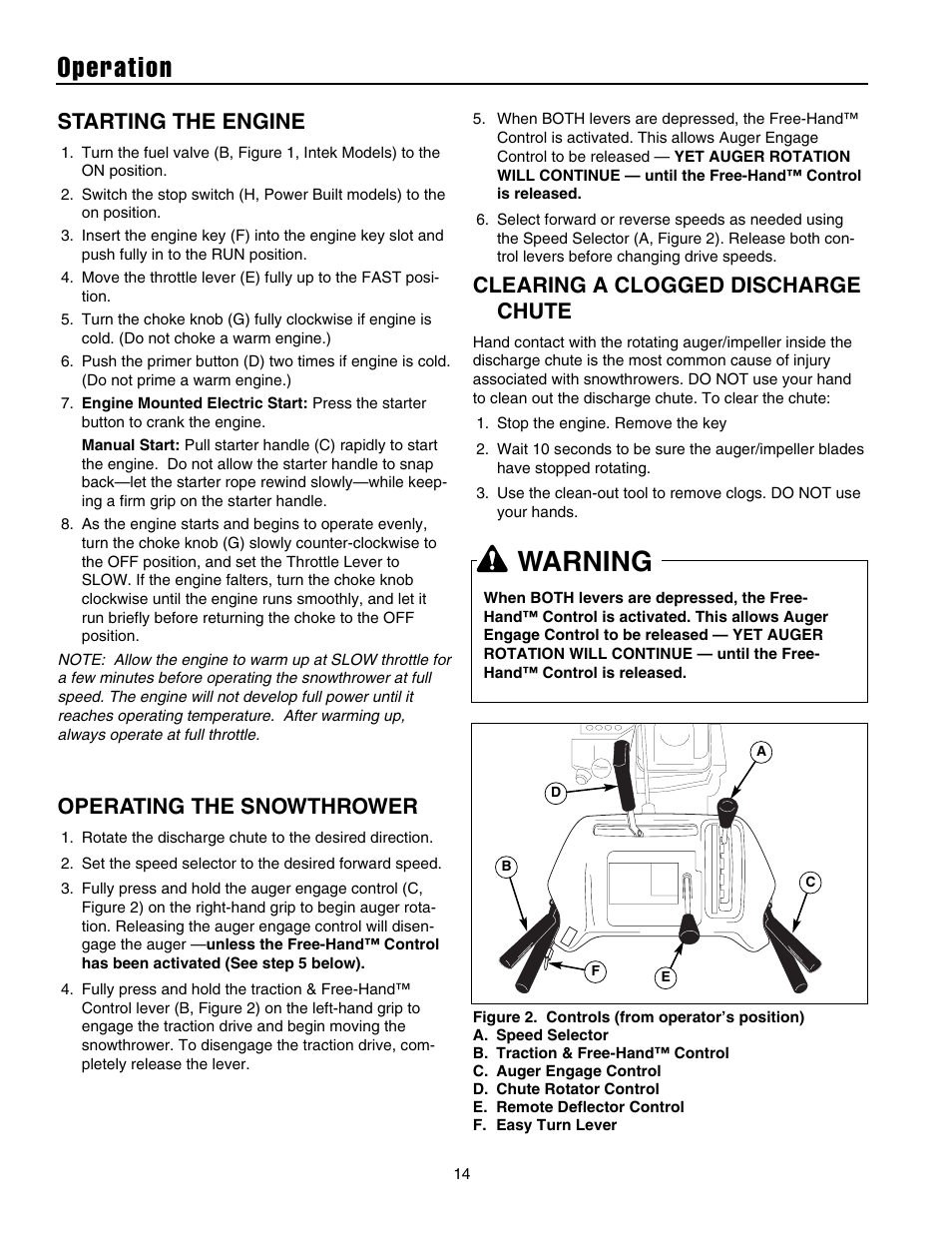 Operation, Warning, Clearing a clogged discharge chute | Starting the engine, Operating the snowthrower | Simplicity 105308E User Manual | Page 17 / 36