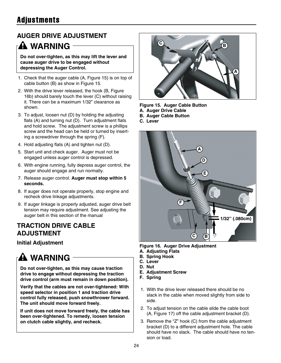 Adjustments, Warning, Auger drive adjustment | Traction drive cable adjustment | Simplicity 105308E User Manual | Page 27 / 36