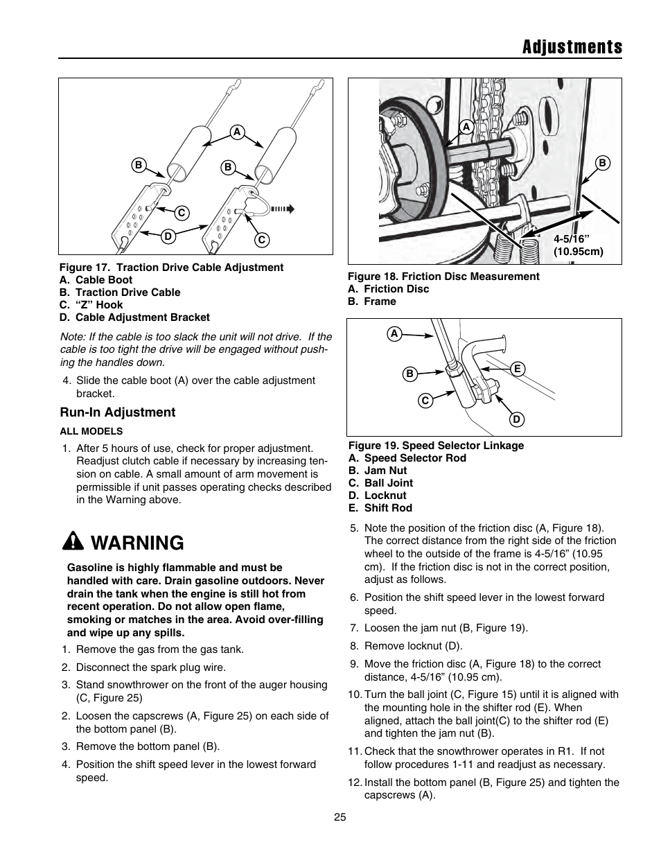 Adjustments, Warning | Simplicity 105308E User Manual | Page 28 / 36