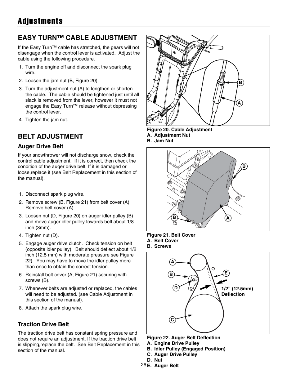 Adjustments, Easy turn™ cable adjustment, Belt adjustment | Simplicity 105308E User Manual | Page 29 / 36